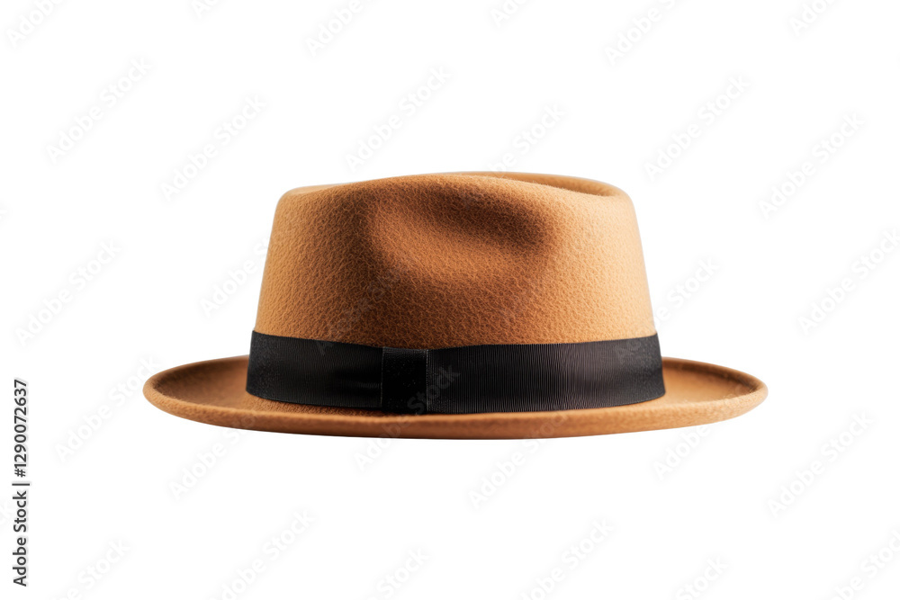 Tan hat with a black band sits on a white background, isolated Tan hat with a black band sits on a white background, isolated