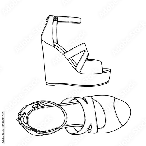 Technical sketch drawing of women's platform peep toe wedges sandals with zipper. Side and top view. Flat sketch vector outline doodle illustration. Isolated on a white background photo