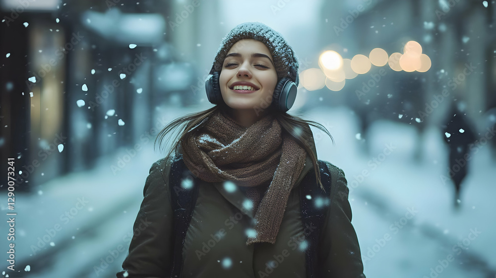 A smiling woman enjoys the snow while walking in a winter city, embodying joy and tranquility during cold weather. A smiling woman enjoys the snow while walking in a winter city, embodying joy and tranquility during cold weather.