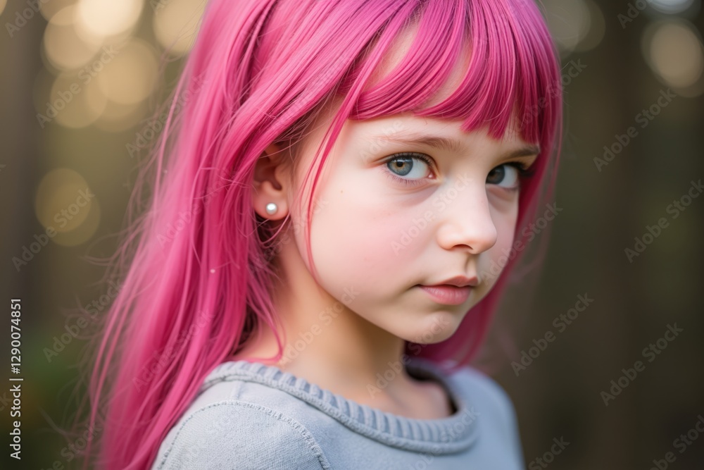 Fototapeta premium Portrait of a Young Girl with Pink Hair and Blue Eyes in a Natural Outdoor Setting, Capturing the Essence of Childhood and Imagination