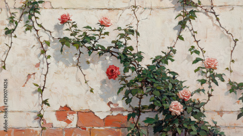 A serene portrayal of vibrant roses climbing a textured, weathered wall, showcasing an impressionistic style with soft colors.