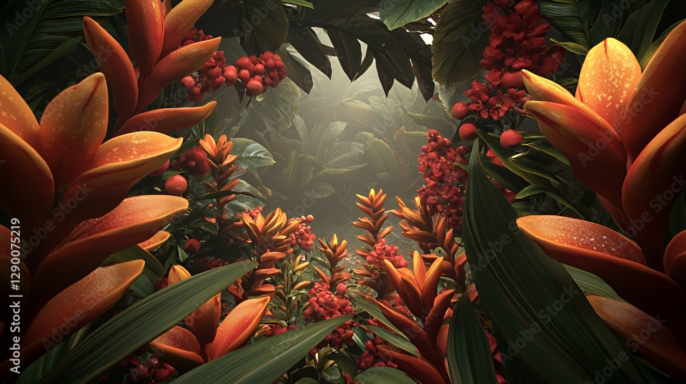 Fototapeta premium Lush Tropical Garden with Red and Orange Flowers