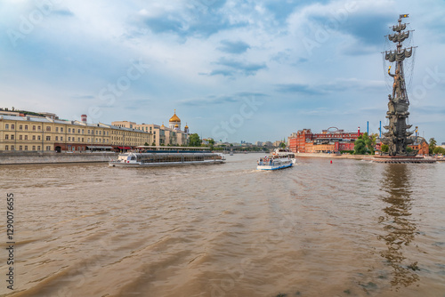 Moscow river and Peter the Great Statue. Sculpture by Zurab Tsereteli. One of the tallest monuments in Russia.