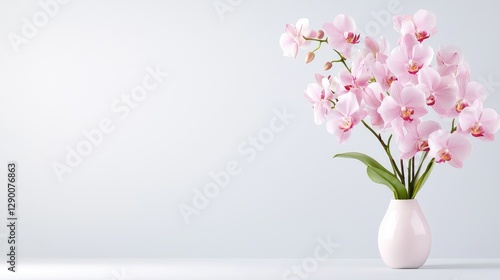 Pink orchids in vase on light background