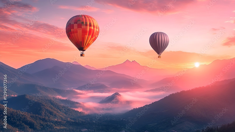 Multicolored balloons flying over misty mountains at sunset. Colorful hot air balloons on blue sky with clouds. Cinematic. Generated AI. Multicolored balloons flying over misty mountains at sunset. Colorful hot air balloons on blue sky with clouds. Cinematic. Generated AI.