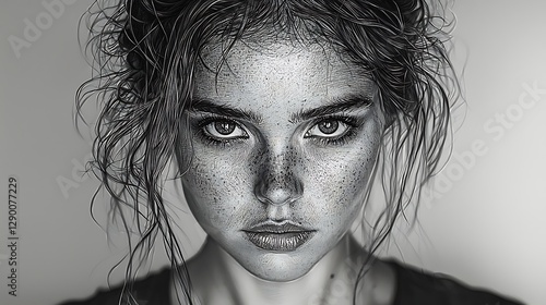 Captivating portrait of a freckled young woman studio setting black and white photography close-up emotional expression