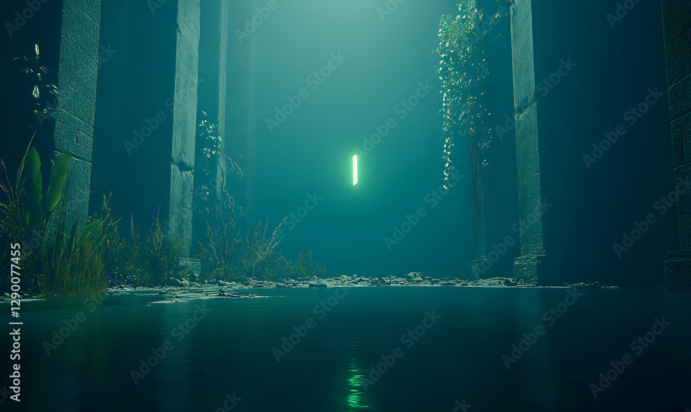 Fototapeta premium Enigmatic submerged ruins, overgrown with vegetation, illuminated by an ethereal green light. A mysterious and atmospheric scene.