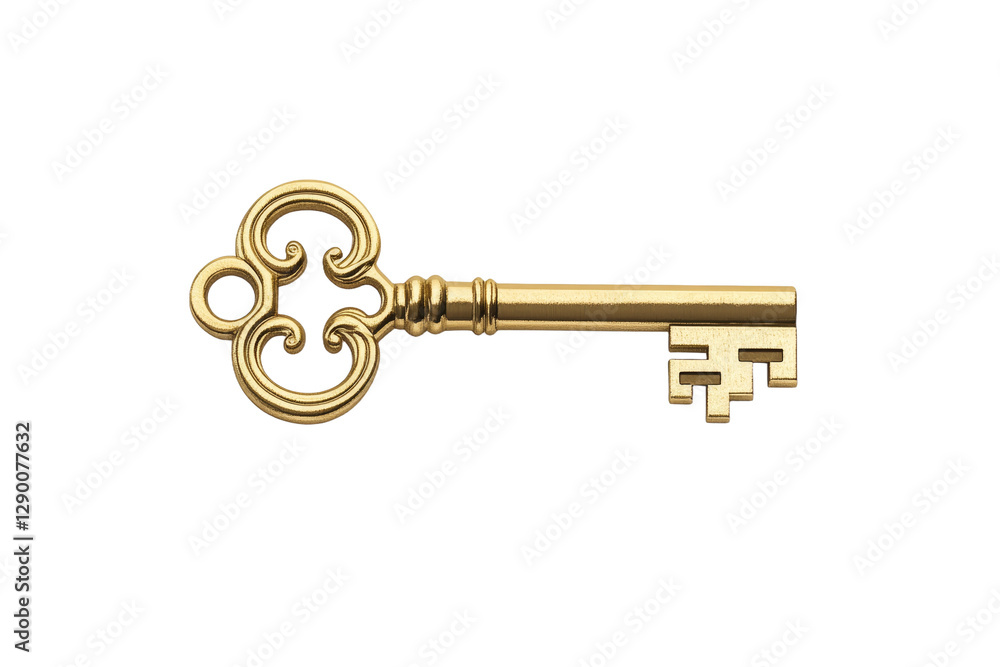 Gold key with a gold handle, isolated