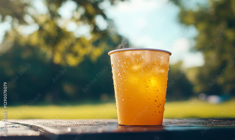 Paper cup filled with iced tea condensation offers a refreshing glimpse into modern beverage artistry Paper cup filled with iced tea condensation offers a refreshing glimpse into modern beverage artistry