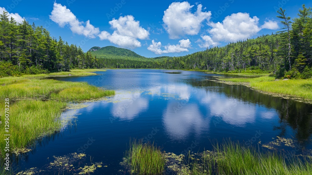 Serene Blue Lake Landscape Under a Summer Sky Serene Blue Lake Landscape Under a Summer Sky
