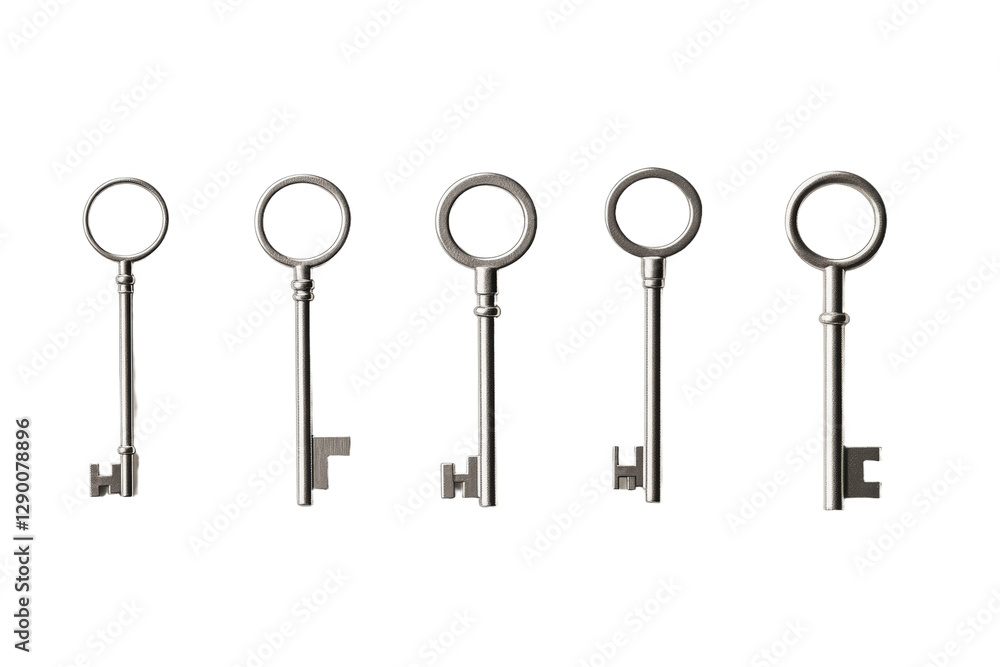 Row of five keys are shown in a close up, isolated Row of five keys are shown in a close up, isolated