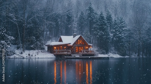 Wallpaper Mural A romantic getaway to a cabin in the mountains, with snow falling softly outside Torontodigital.ca