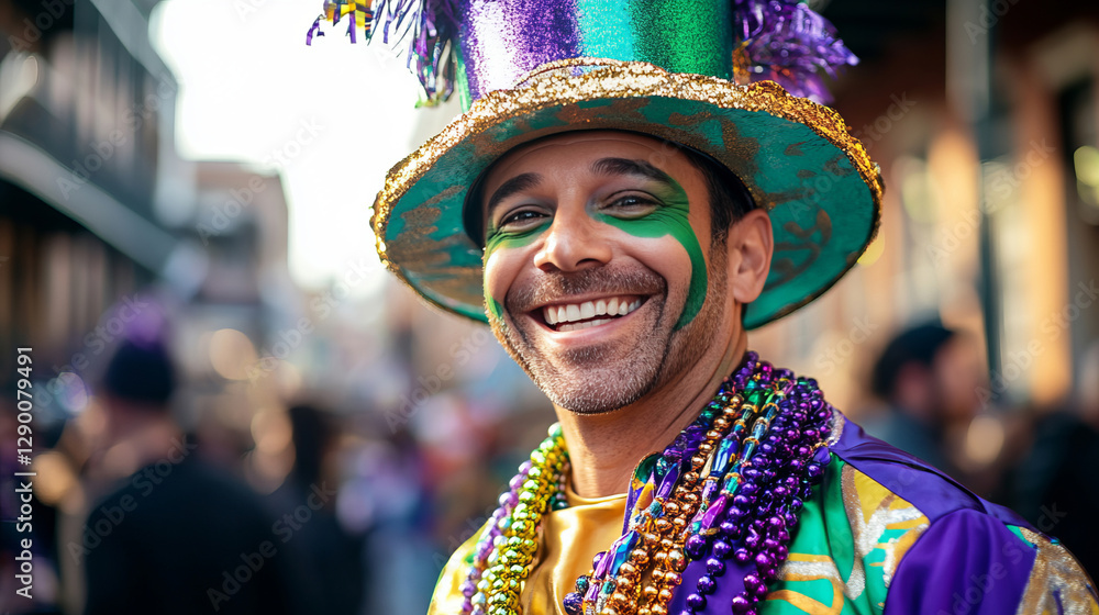 Obraz premium A man dressed in vibrant Mardi Gras colors of green, purple, and gold beams with excitement, his face painted and top hat adorned with beads, as he celebrates in the bustling streets of New Orleans.
