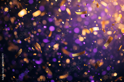 A dazzling cascade of purple and gold confetti falls against a dark backdrop, radiating festivity and sophistication, ideal for award ceremonies, celebrations, or glamorous events.