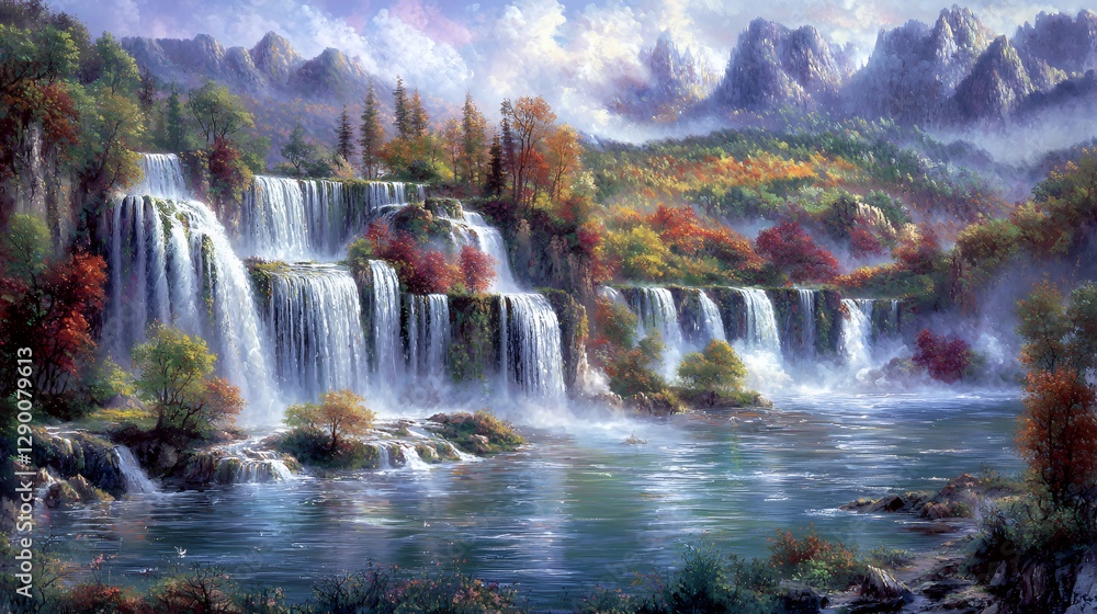 Fototapeta premium Autumn Waterfall Landscape in Mountains