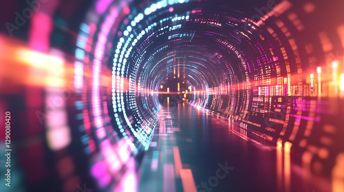 Abstract digital illustration showing a dynamic flow of data through a futuristic tunnel. The vibrant colors and light effects create a sense of speed and high technology. photo