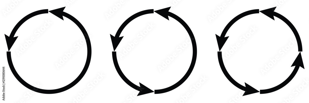 Circle arrow icon set. Symbol of reload, refresh, loading, recycle and repeat. Interconnecting round arrow vector icons set. Work in progress sign. One, two, three, four, five, six arrow in the loop. Circle arrow icon set. Symbol of reload, refresh, loading, recycle and repeat. Interconnecting round arrow vector icons set. Work in progress sign. One, two, three, four, five, six arrow in the loop.
