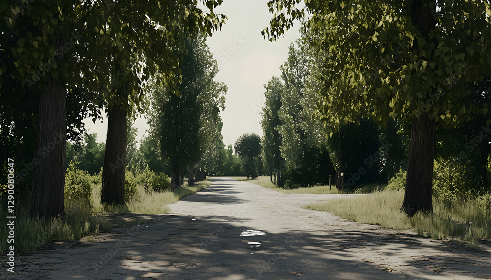 Fototapeta premium Serene country road lined with lush green trees on a sunny day, leading to a peaceful horizon. Perfect for travel, nature, and tranquility themes.