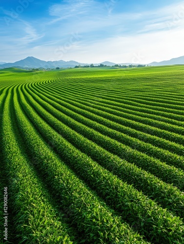 A lush green field of growing soy plants with vibrant leaves under a bright blue sky representing agriculture and growth