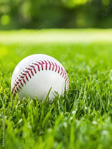 A well-worn baseball resting on a lush green grass field with clear blue skies in the background evoking sports nostalgia