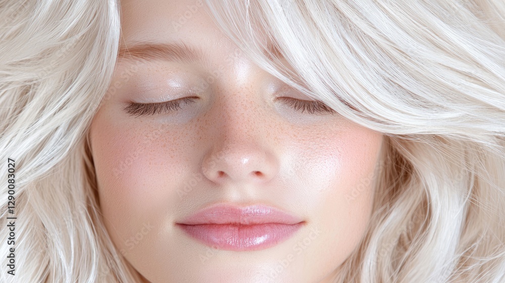 Serene woman, platinum blonde hair, closed eyes, skincare Serene woman, platinum blonde hair, closed eyes, skincare