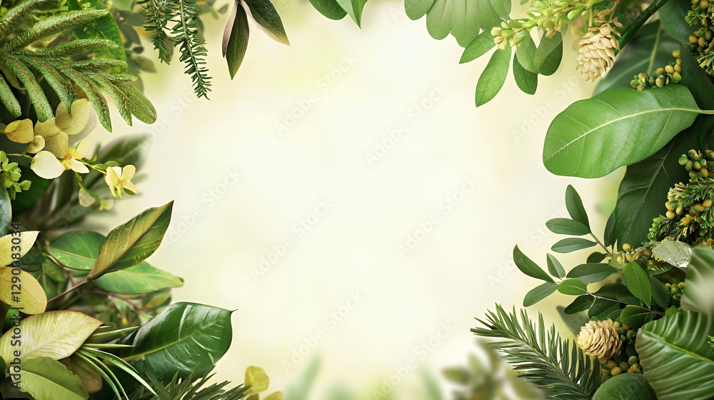 Naklejka premium Lush Green Foliage Frame With Soft Light Background