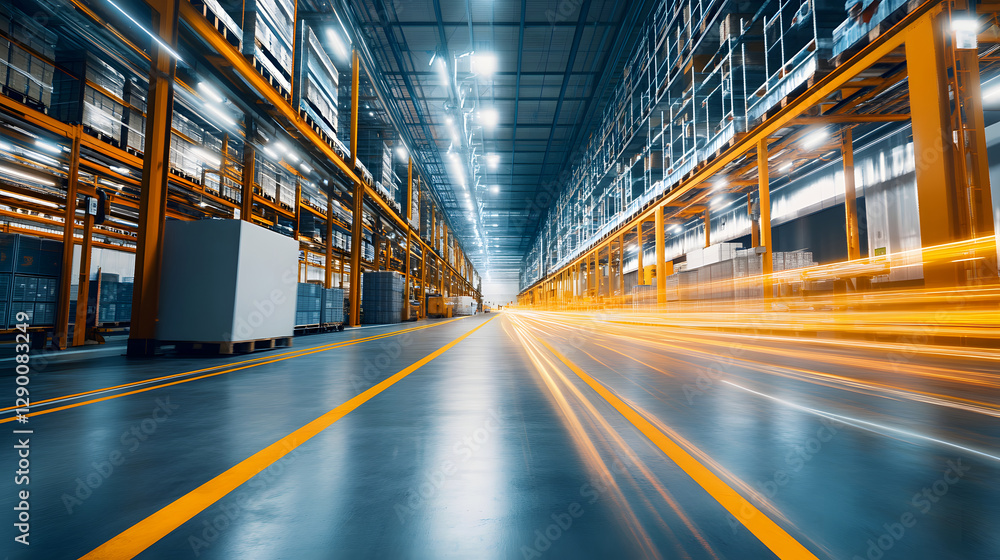 Fast-paced warehouse with bright lights and moving vehicles. Efficient logistics. Fast-paced warehouse with bright lights and moving vehicles. Efficient logistics.