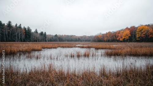 Autumnal marsh landscape, tranquil scene, fall foliage