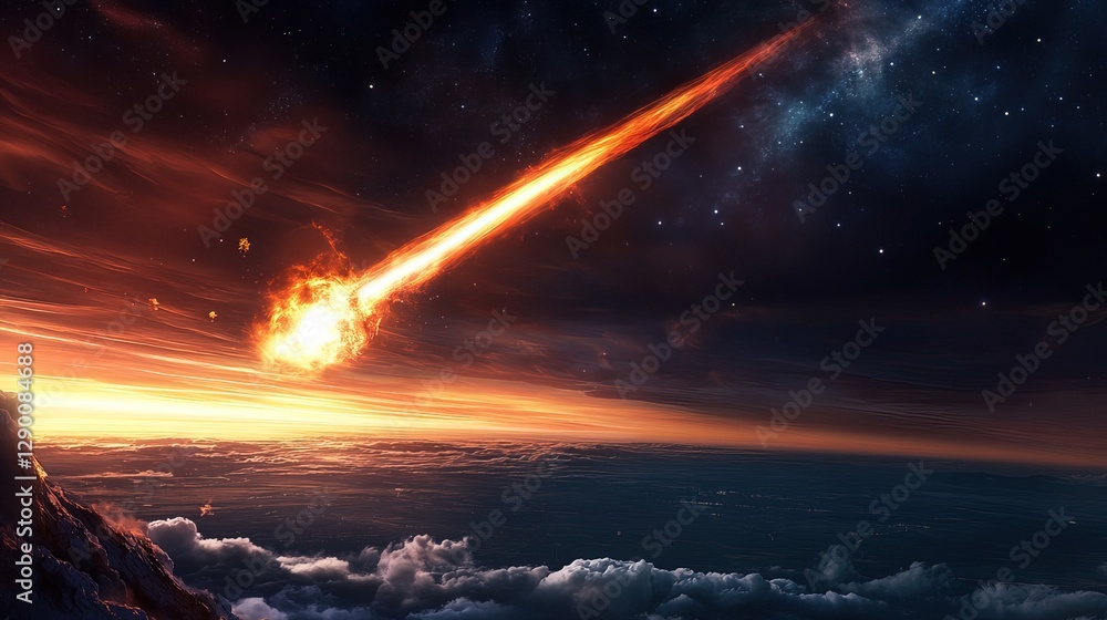 Fiery meteor streaks across the night sky, trailing glowing clouds, symbolizing nature's raw power and cosmic wonder.
Fiery meteor streaks across the night sky, trailing glowing clouds, symbolizing nature's raw power and cosmic wonder.
