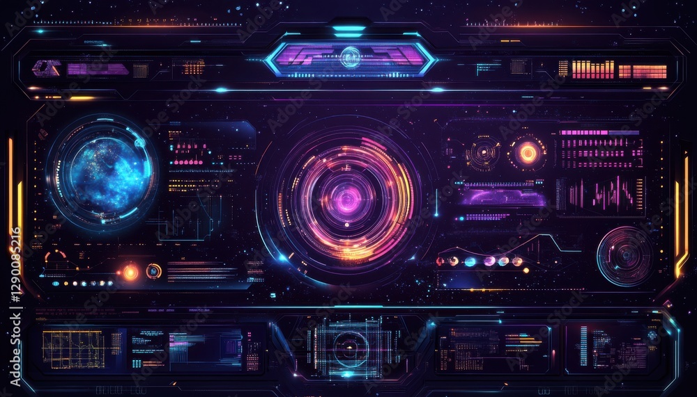 Futuristic interface featuring vibrant colors, data visuals, and advanced digital elements for tech enthusiasts and designers. Futuristic interface featuring vibrant colors, data visuals, and advanced digital elements for tech enthusiasts and designers.