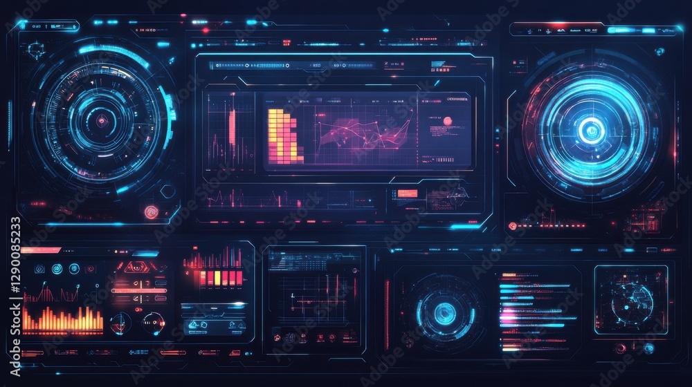Futuristic digital interface with graphs, charts, and vibrant colors showcasing data analytics in a sleek design. Futuristic digital interface with graphs, charts, and vibrant colors showcasing data analytics in a sleek design.