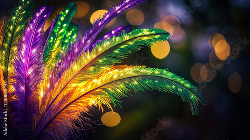 Wallpaper Mural A striking Mardi Gras feather headdress in vibrant green, purple, and yellow glows against a dark night background, illuminated by festive lights in a dazzling display of color. Torontodigital.ca