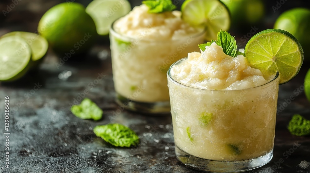 Refreshing lime sorbet served in glasses, garnished with mint and lime slices, perfect for summer celebrations. Refreshing lime sorbet served in glasses, garnished with mint and lime slices, perfect for summer celebrations.