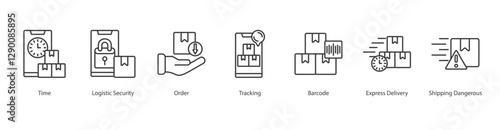 Service Package Icon Sheet time, logistic security, order, tracking, barcode, express delivery, shipping dangerous