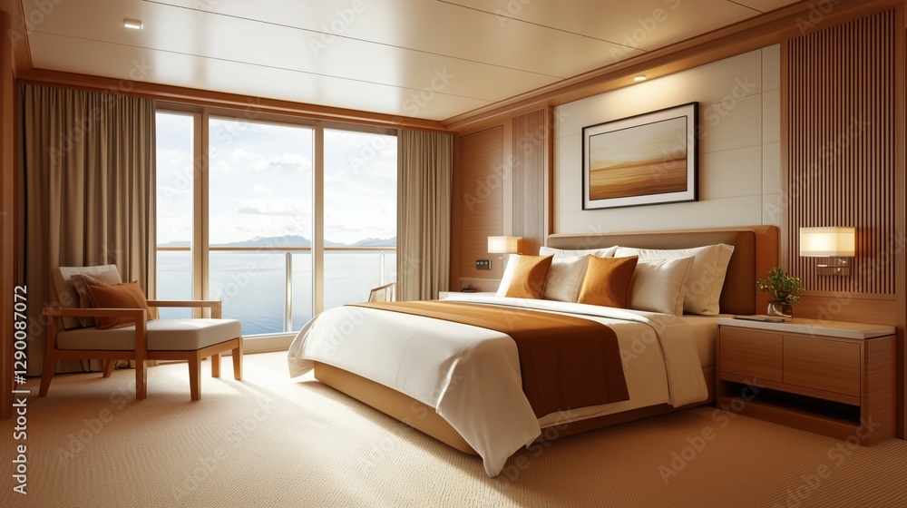 Fototapeta premium Cozy Modern Bedroom with Scenic View, Warm Color Palette, Large Windows, and Elegant Furniture - Perfect for Home Interior Inspiration
