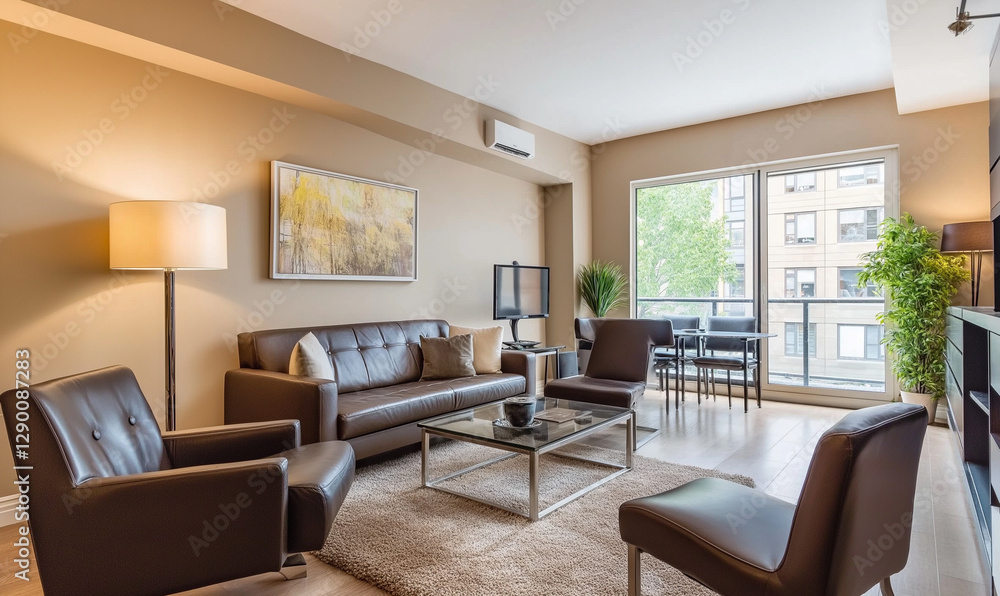 Modern open-concept living space featuring beige walls and rich leather accents for elegant residential comfort Modern open-concept living space featuring beige walls and rich leather accents for elegant residential comfort