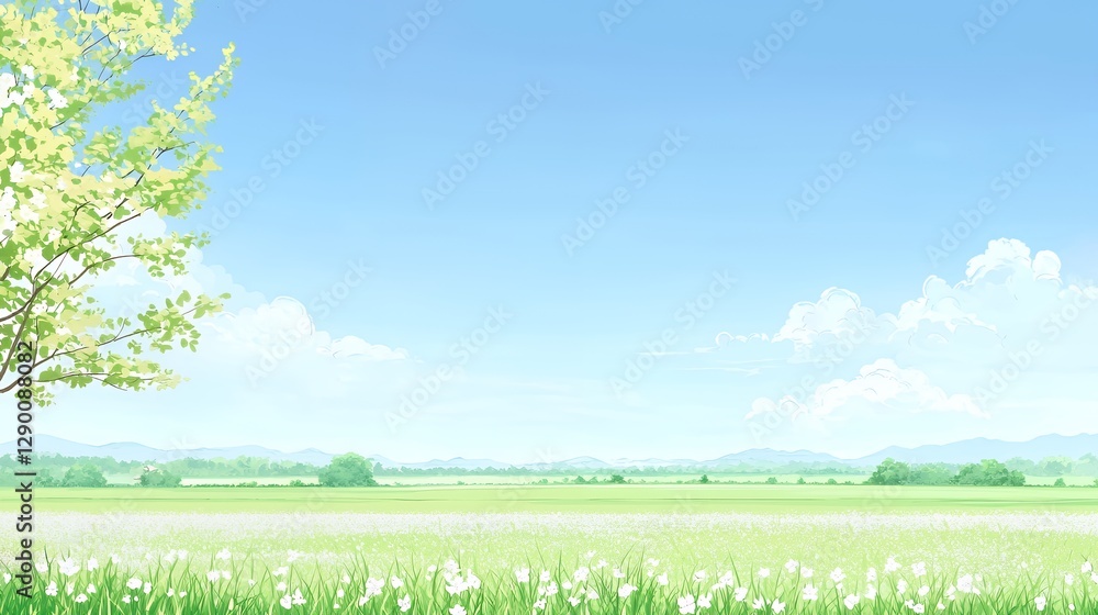 Obraz premium Spring Landscape with White Flowers and Green Field under a Blue Sky