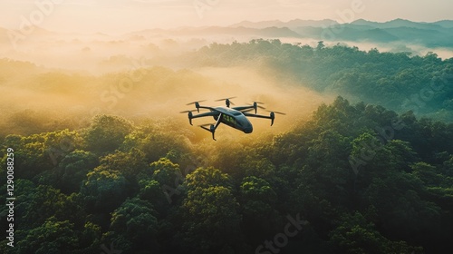 Wallpaper Mural Electric air taxis hovering above a dense forest at sunrise. Featuring sustainable technology and nature’s beauty Torontodigital.ca