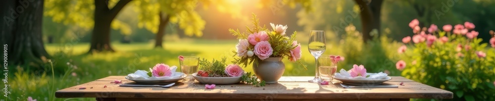 Rustic spring table setting, blooming trees, sun-dappled garden , bloom, vibrant Rustic spring table setting, blooming trees, sun-dappled garden , bloom, vibrant