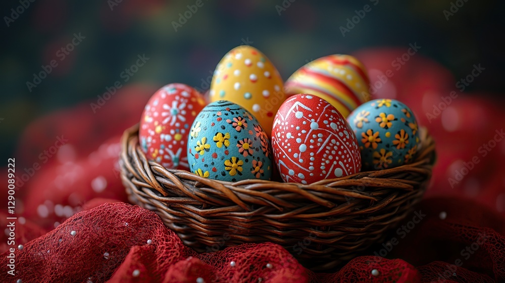 Fototapeta premium painted easter eggs in a wicker basket on a red cloth