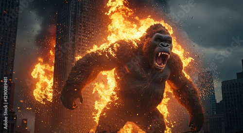 King Kong in flames, apocalyptic cityscape backdrop