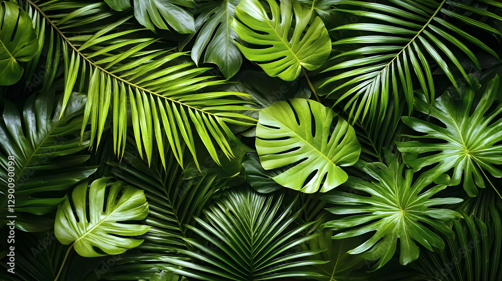 Lush tropical foliage background featuring vibrant green monstera deliciosa and palm leaves. Perfect for summer, nature, and exotic themes. Lush tropical foliage background featuring vibrant green monstera deliciosa and palm leaves. Perfect for summer, nature, and exotic themes.
