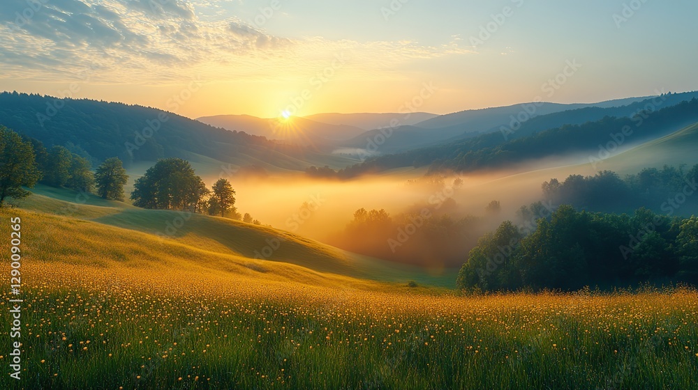 panorama of golden hills in the morning mist peaceful landscape panorama of golden hills in the morning mist peaceful landscape