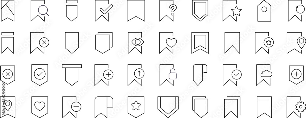 Collection of Icons of Bookmark for Shops and Stores. Suitable for books, stores, shops. Editable stroke in minimalistic outline style. Symbol for design Collection of Icons of Bookmark for Shops and Stores. Suitable for books, stores, shops. Editable stroke in minimalistic outline style. Symbol for design