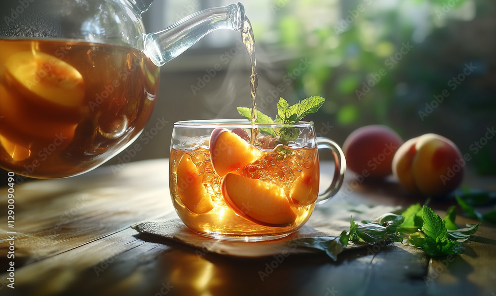 Artistic pitcher of peach tea poured into a glass, embodying refreshing elegance and summer charm Artistic pitcher of peach tea poured into a glass, embodying refreshing elegance and summer charm