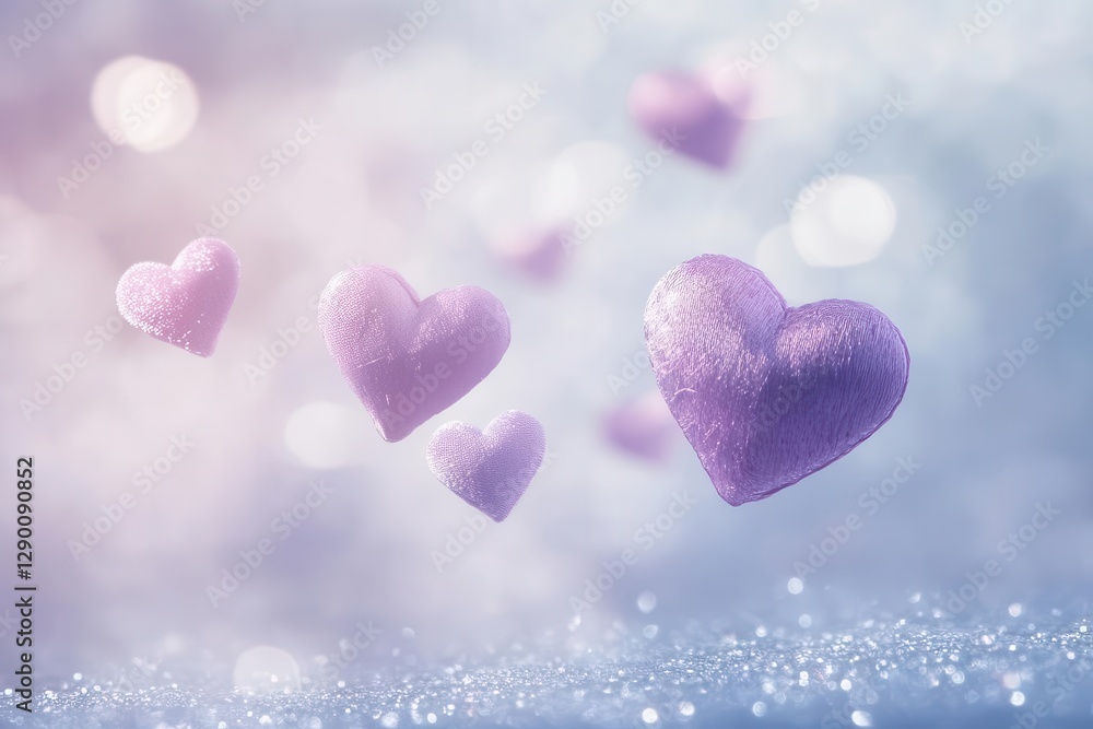 Obraz premium drifting pink and lavender hearts floating over a shimmering silver plane, glowing softly under a twilight haze, evoking dreamy romance.