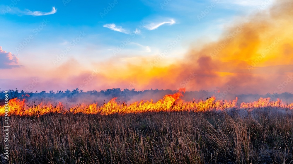 Obraz premium Fiery sunset wildfire burning dry grass.