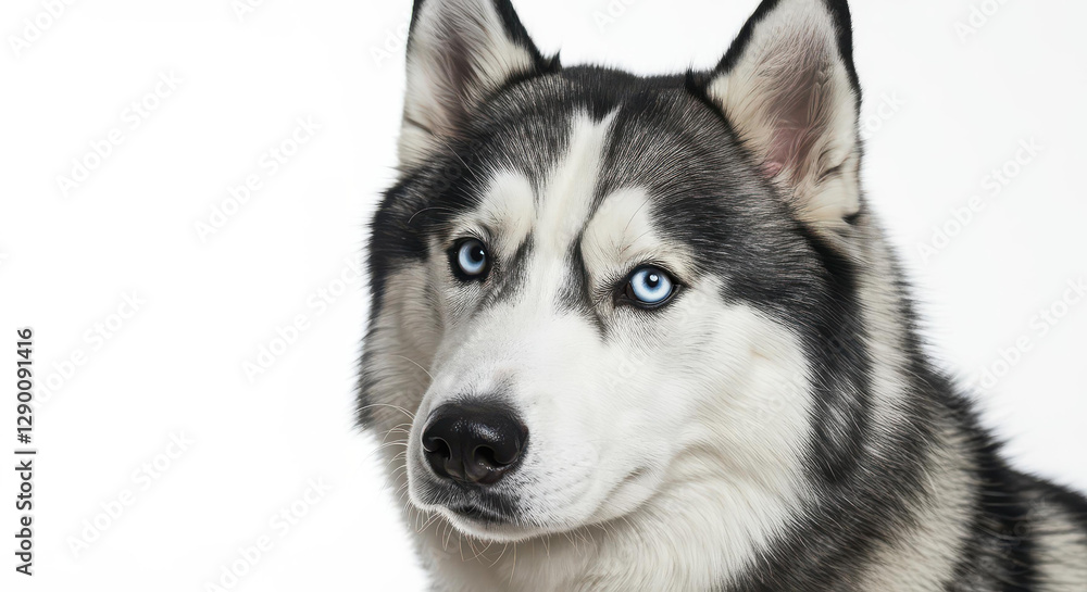Stunning Close Up Portrait of a Siberian Husky Dog with Striking Blue Eyes White Background Stunning Close Up Portrait of a Siberian Husky Dog with Striking Blue Eyes White Background