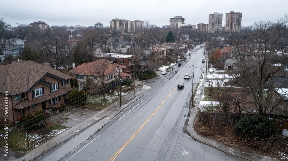Obraz premium Suburban street on a winter day, looking towards city skyline. Possible use Stock photo for real estate, travel, or city planning