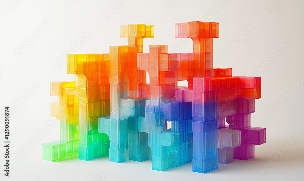 3D set of plastic building blocks in rainbow hues, showcasing playful design and vibrant construction toys 3D set of plastic building blocks in rainbow hues, showcasing playful design and vibrant construction toys